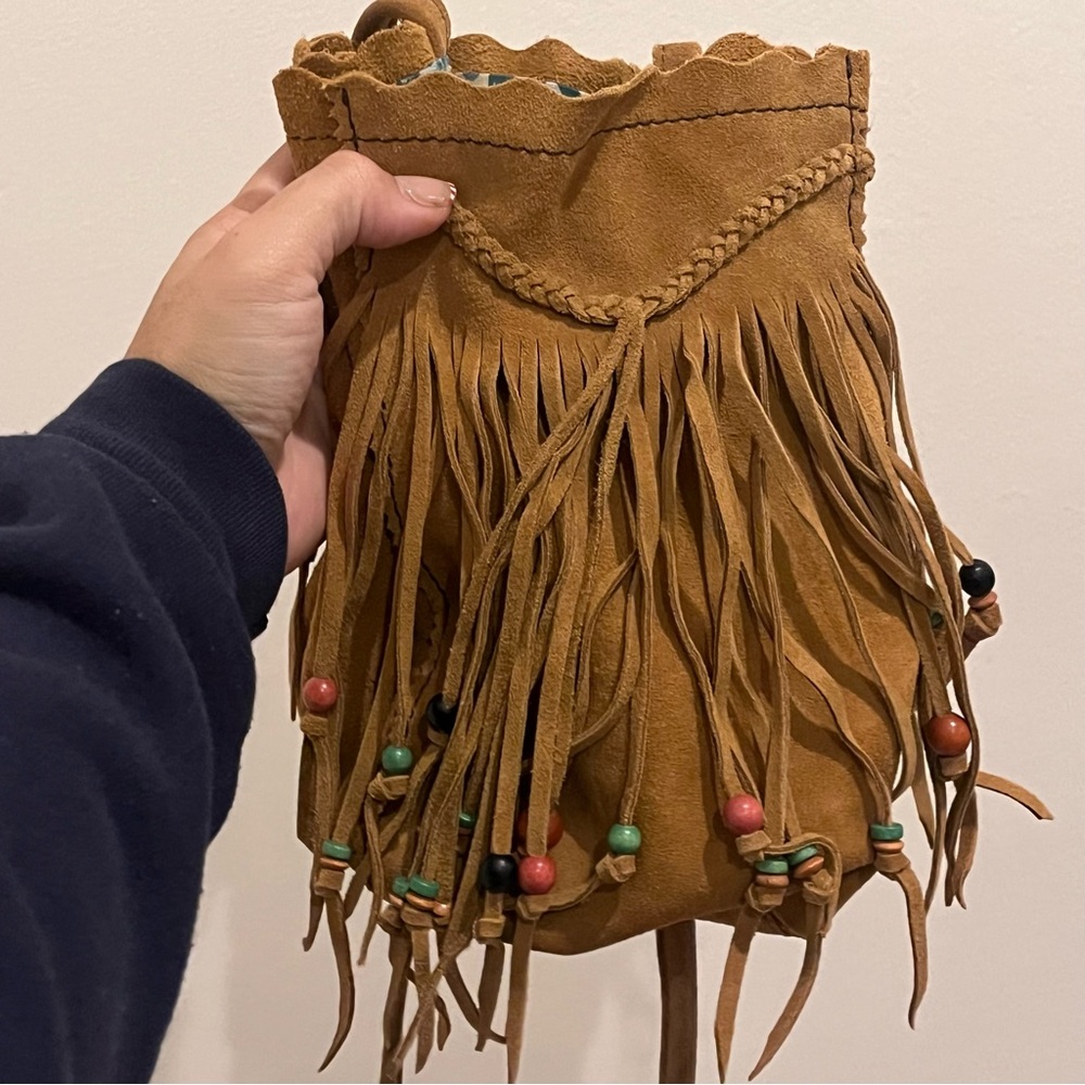 Lucky Brand Suedewood Fringe Beaded Bucket Style Crossbody Purse Y2K Vintage - Picture 2 of 5